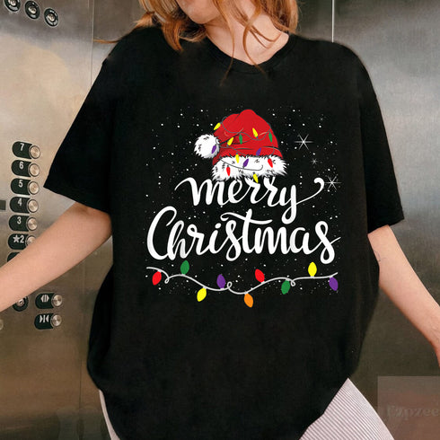 Merry Christmas Lights Red Santa Hat T-Shirt Holiday Gift for Family Men and Women - 6