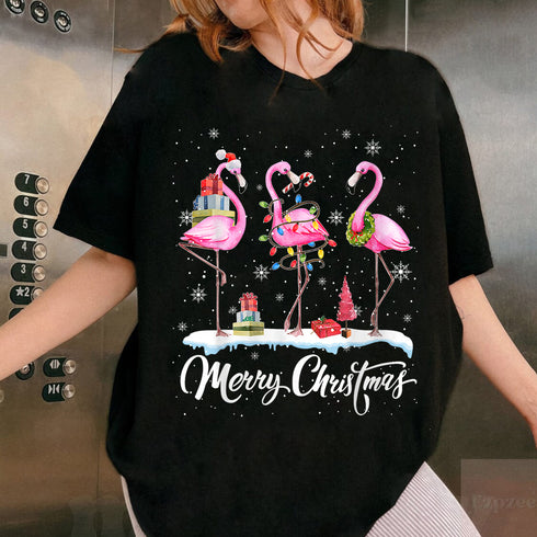Merry Christmas Santa Flamingo Hat T-Shirt Holiday Snowy Xmas Party Graphic Tee - 5