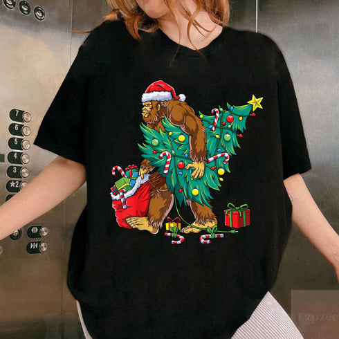 Bigfoot Christmas Tree Lights T-Shirt Funny Xmas Sasquatch Shirt for Boys and Men - 7