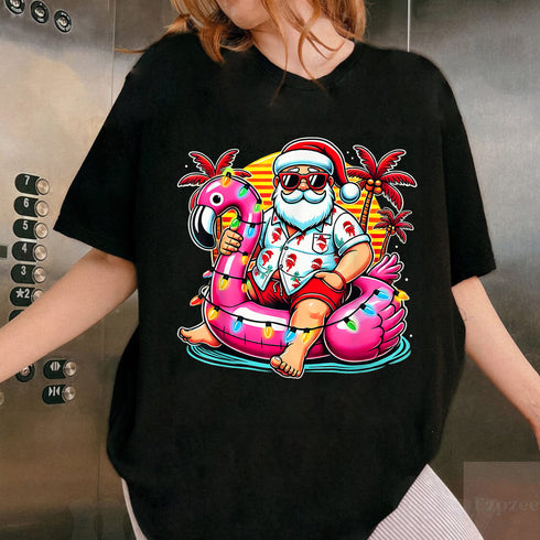 Christmas in July Santa Flamingo Float T-Shirt Festive Summer Beach Party Holiday Tee - 9