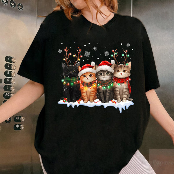 Cat Christmas T-Shirt with Santa Reindeer Lights Fun Holiday Shirt for Cat Lovers - 2