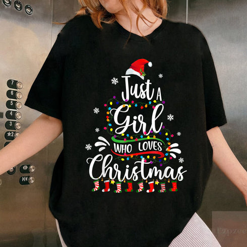 Merry Christmas Just a Girl Who Loves Christmas Tree Graphic Holiday T-Shirt for Women - 2
