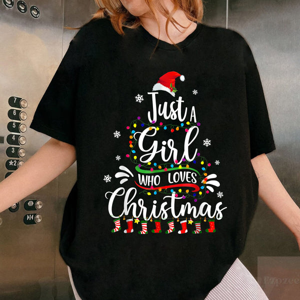 Merry Christmas Just a Girl Who Loves Christmas Tree Graphic Holiday T-Shirt for Women - 2
