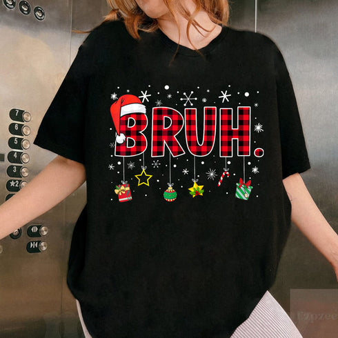Bruh Funny Christmas Red Plaid Teen Boys Xmas Pajamas Shirt Holiday Sleepwear Top - 3