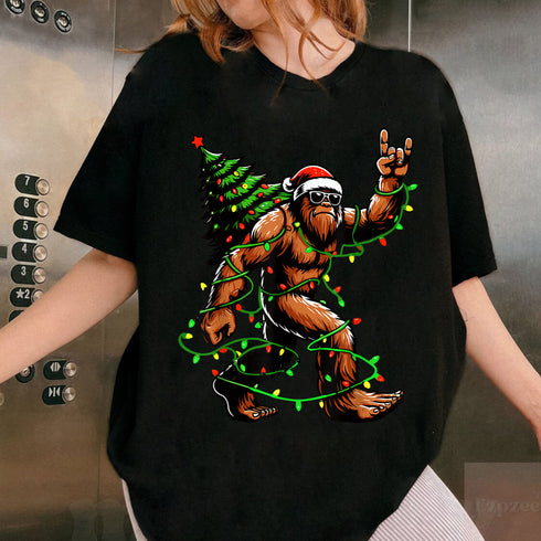 Santa Bigfoot Christmas Tree T-Shirt Funny Sasquatch Holiday Xmas Lights Graphic Tee - 7