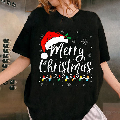 Merry Christmas Lights Santa Hat Family Matching Pajama T-Shirt Holiday Sleepwear Top - 9