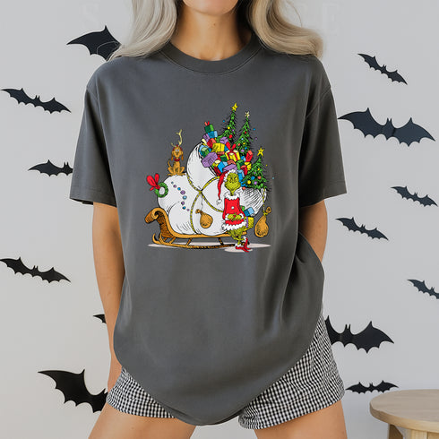 Grinch Sleigh Graphic T-Shirt Classic Holiday Christmas Tee with Iconic Grinch Design - 6