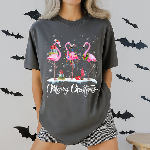 Merry Christmas Santa Flamingo Hat T-Shirt Holiday Snowy Xmas Party Graphic Tee - 8