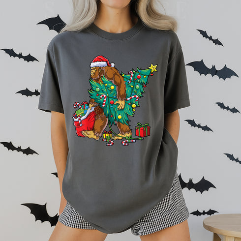 Bigfoot Christmas Tree Lights T-Shirt Funny Xmas Sasquatch Shirt for Boys and Men - 8