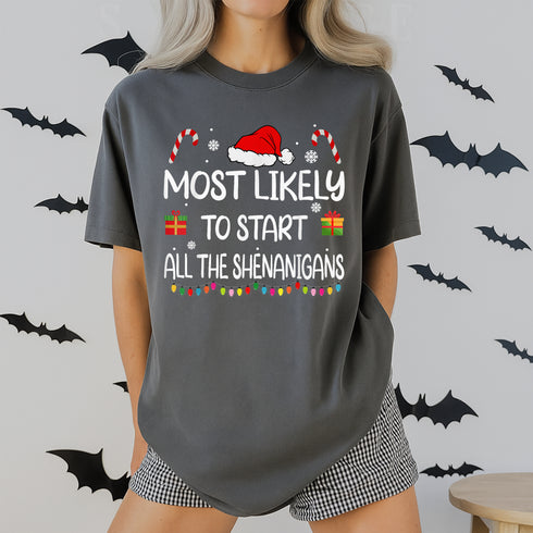 Most Likely To Start All The Shenanigans Funny Christmas T-Shirt for Family Holiday Partie - 4