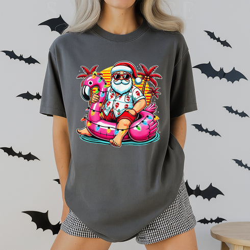 Christmas in July Santa Flamingo Float T-Shirt Festive Summer Beach Party Holiday Tee - 6