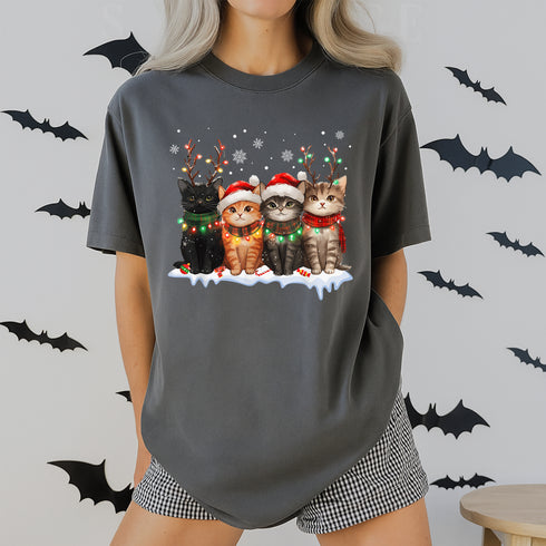 Cat Christmas T-Shirt with Santa Reindeer Lights Fun Holiday Shirt for Cat Lovers - 9