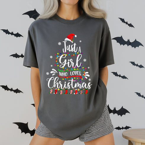 Merry Christmas Just a Girl Who Loves Christmas Tree Graphic Holiday T-Shirt for Women - 8
