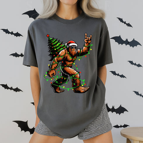 Santa Bigfoot Christmas Tree T-Shirt Funny Sasquatch Holiday Xmas Lights Graphic Tee - 4
