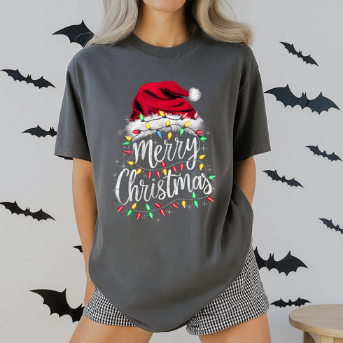 Merry Christmas Santa Hat Lights T-Shirt Red Holiday Xmas Outfit for Men and Women - 48