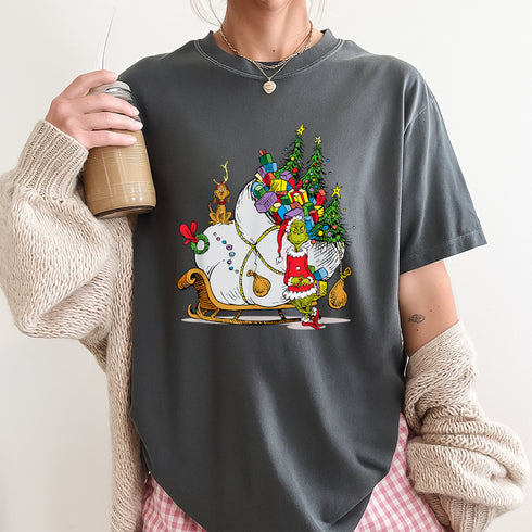 Grinch Sleigh Graphic T-Shirt Classic Holiday Christmas Tee with Iconic Grinch Design - 8