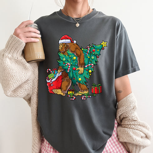 Bigfoot Christmas Tree Lights T-Shirt Funny Xmas Sasquatch Shirt for Boys and Men - 6
