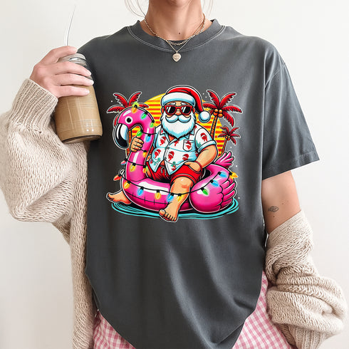 Christmas in July Santa Flamingo Float T-Shirt Festive Summer Beach Party Holiday Tee - 5