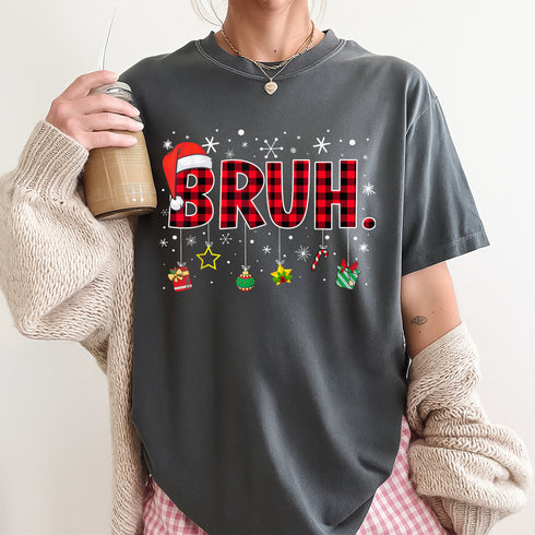 Bruh Funny Christmas Red Plaid Teen Boys Xmas Pajamas Shirt Holiday Sleepwear Top - 48