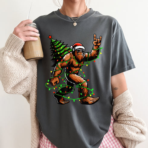 Santa Bigfoot Christmas Tree T-Shirt Funny Sasquatch Holiday Xmas Lights Graphic Tee - 9
