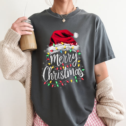 Merry Christmas Santa Hat Lights T-Shirt Red Holiday Xmas Outfit for Men and Women - 7