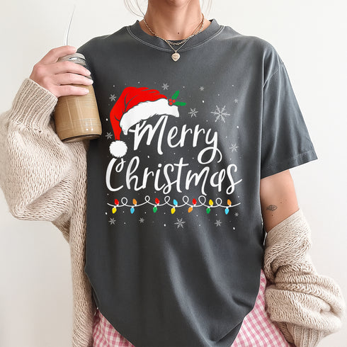 Merry Christmas Lights Santa Hat Family Matching Pajama T-Shirt Holiday Sleepwear Top - 48