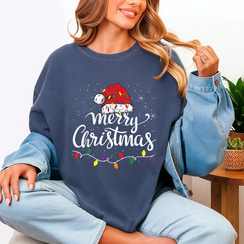 Merry Christmas Lights Red Santa Hat T-Shirt Holiday Gift for Family Men and Women - 3