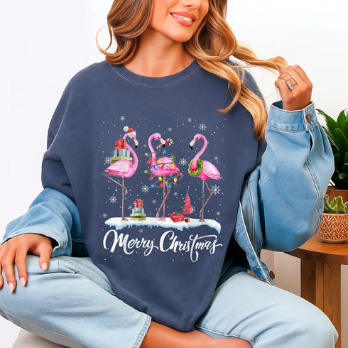 Merry Christmas Santa Flamingo Hat T-Shirt Holiday Snowy Xmas Party Graphic Tee - 2