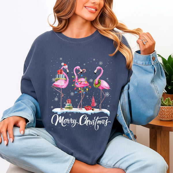 Merry Christmas Santa Flamingo Hat T-Shirt Holiday Snowy Xmas Party Graphic Tee - 2