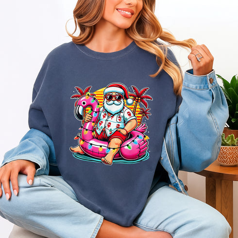 Christmas in July Santa Flamingo Float T-Shirt Festive Summer Beach Party Holiday Tee - 8