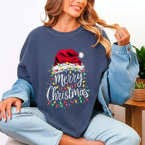 Merry Christmas Santa Hat Lights T-Shirt Red Holiday Xmas Outfit for Men and Women - 4