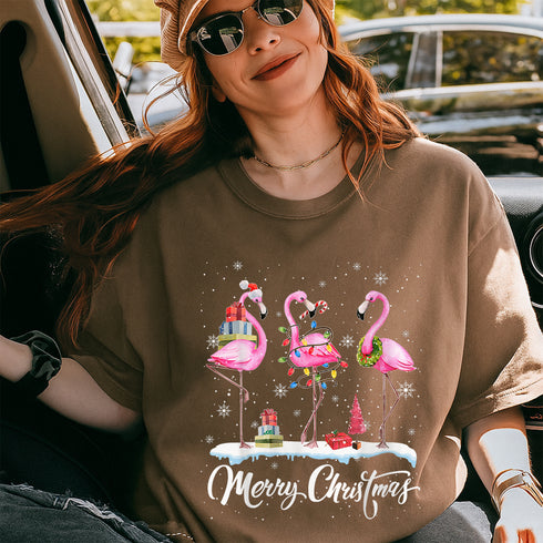 Merry Christmas Santa Flamingo Hat T-Shirt Holiday Snowy Xmas Party Graphic Tee - 4