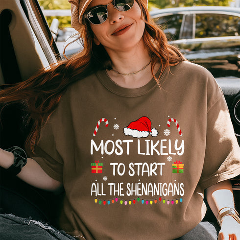 Most Likely To Start All The Shenanigans Funny Christmas T-Shirt for Family Holiday Partie - 9