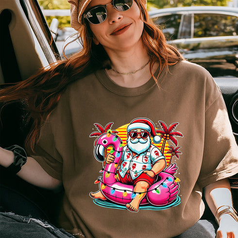 Christmas in July Santa Flamingo Float T-Shirt Festive Summer Beach Party Holiday Tee - 7
