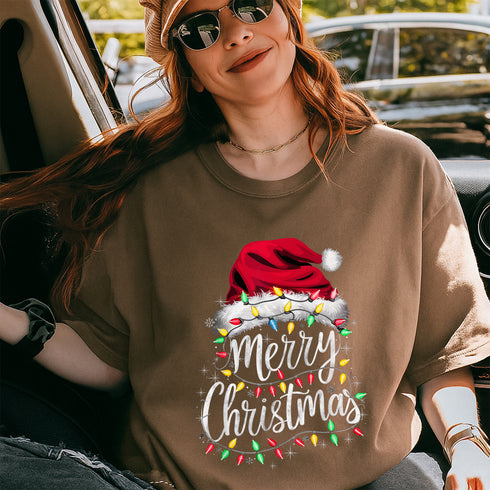 Merry Christmas Santa Hat Lights T-Shirt Red Holiday Xmas Outfit for Men and Women - 3