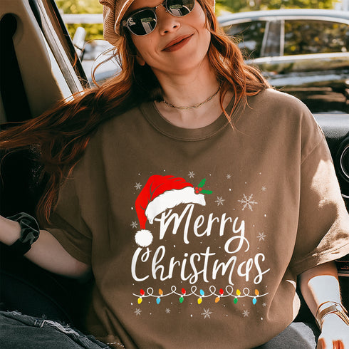 Merry Christmas Lights Santa Hat Family Matching Pajama T-Shirt Holiday Sleepwear Top - 3