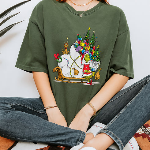 Grinch Sleigh Graphic T-Shirt Classic Holiday Christmas Tee with Iconic Grinch Design - 3