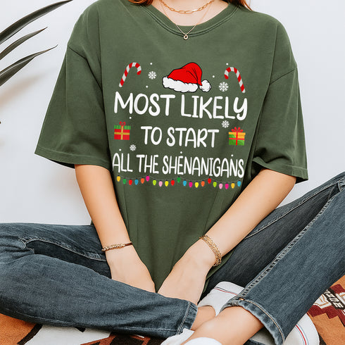 Most Likely To Start All The Shenanigans Funny Christmas T-Shirt for Family Holiday Partie - 5