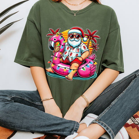 Christmas in July Santa Flamingo Float T-Shirt Festive Summer Beach Party Holiday Tee - 3