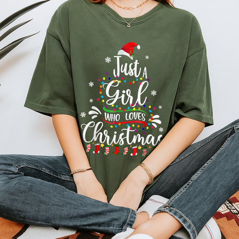 Merry Christmas Just a Girl Who Loves Christmas Tree Graphic Holiday T-Shirt for Women - 48