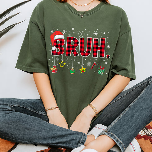 Bruh Funny Christmas Red Plaid Teen Boys Xmas Pajamas Shirt Holiday Sleepwear Top - 9