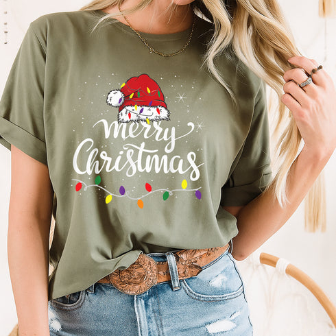 Merry Christmas Lights Red Santa Hat T-Shirt Holiday Gift for Family Men and Women - 48