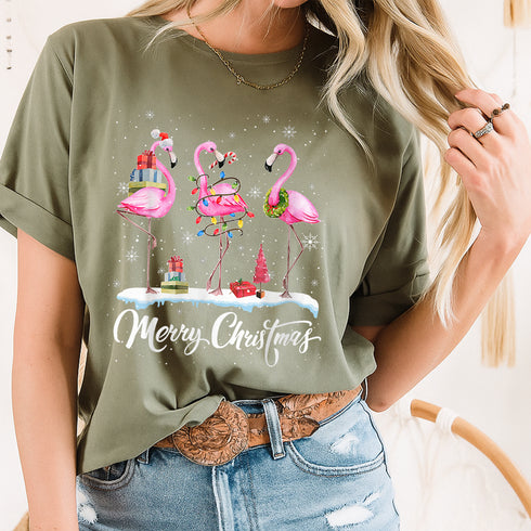 Merry Christmas Santa Flamingo Hat T-Shirt Holiday Snowy Xmas Party Graphic Tee - 6
