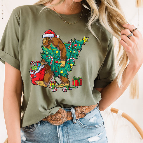 Bigfoot Christmas Tree Lights T-Shirt Funny Xmas Sasquatch Shirt for Boys and Men - 5