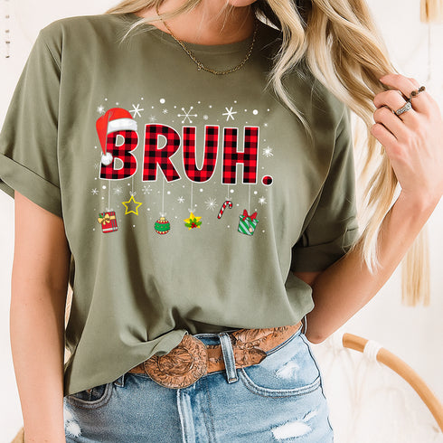 Bruh Funny Christmas Red Plaid Teen Boys Xmas Pajamas Shirt Holiday Sleepwear Top - 8