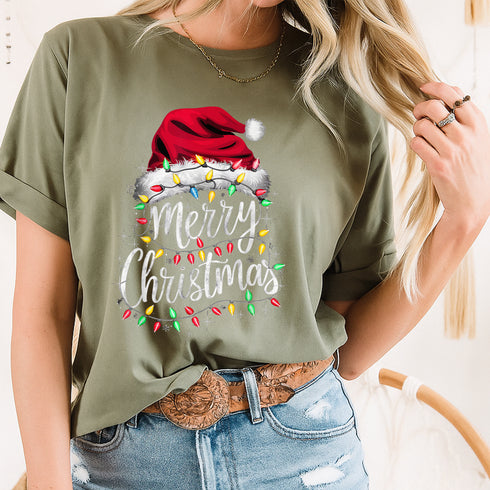 Merry Christmas Santa Hat Lights T-Shirt Red Holiday Xmas Outfit for Men and Women - 9