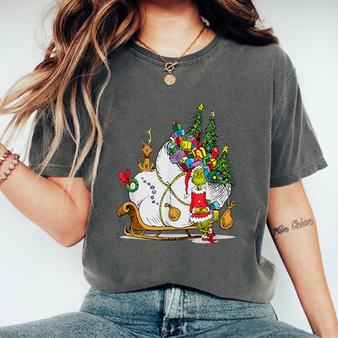 Grinch Sleigh Graphic T-Shirt Classic Holiday Christmas Tee with Iconic Grinch Design - 4