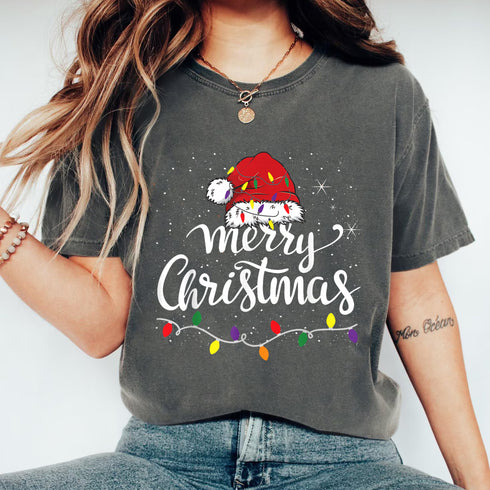 Merry Christmas Lights Red Santa Hat T-Shirt Holiday Gift for Family Men and Women - 7