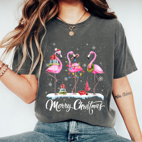 Merry Christmas Santa Flamingo Hat T-Shirt Holiday Snowy Xmas Party Graphic Tee - 9