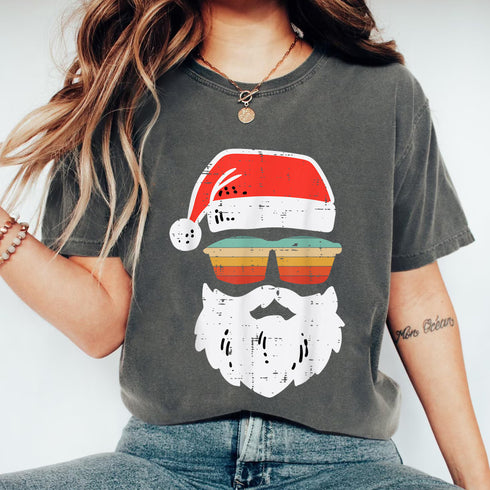 Santa Face Retro Sunglasses Christmas T-Shirt Holiday Gift for Men and Women - 48